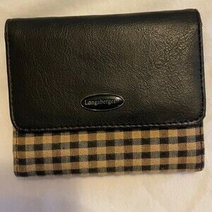 LONGABERGER Vintage Tri Fold Checked Canvas Faux Leather Wallett
